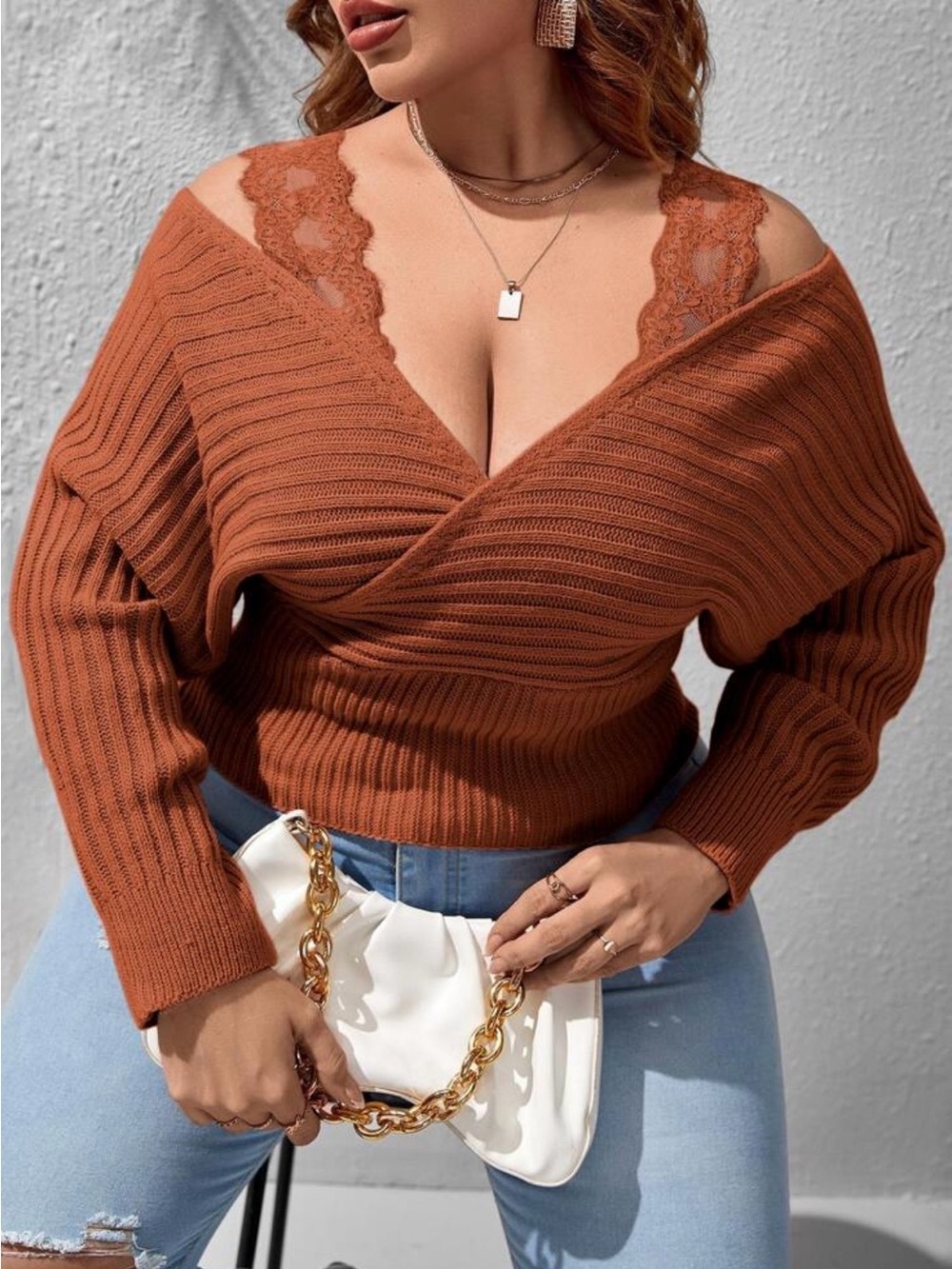 Burnt Orange Off the Shoulder Ribbed Sweater with Lace Straps Size Curve 0XL